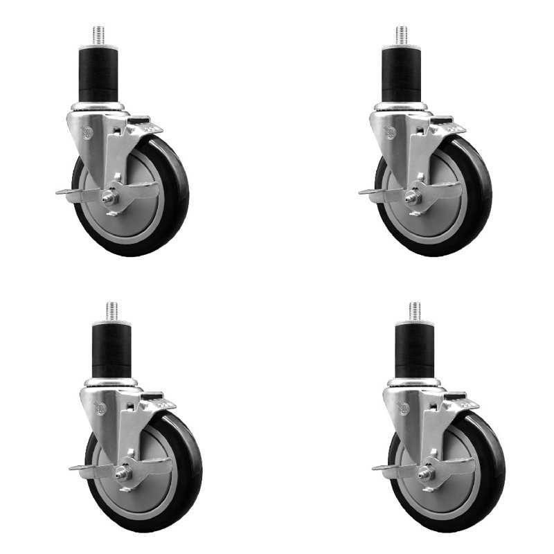 Ensemble de roulettes extensibles en polyuréthane pivotant en acier inoxydable de 5 pouces de 1 3/4 po avec frein SCC, Noir