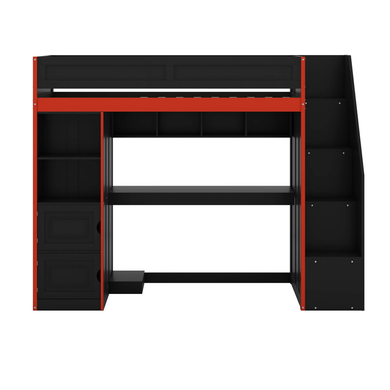 Lit mezzanine de jeu avec lumières DEL, bureau et rangement, bibliothèque et tablettes ouvertes, Lit simple