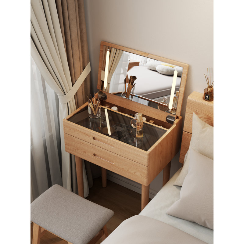 Solid Wood Makeup Vanity, Flip‑Top Lighted Mirror, Glass Tabletop, 3‑Mode Adjustable Brightness, Easy Assembly, Tan