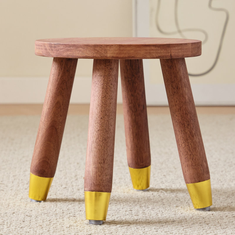 Tabouret en bois massif avec repose-pieds dorés, petit repose-pieds rond en bois, support pour plante, tabouret d'appoint en bois