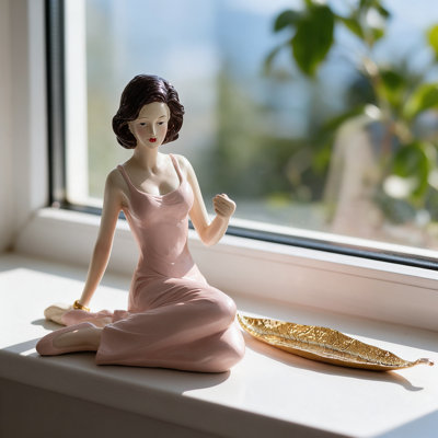Kneeling Woman Incense Holder Statue, Resin Lady Figurine Holds Incense Sticks with Gold Leaf Tray, Vanity Desk Decor, 6.1 Inch