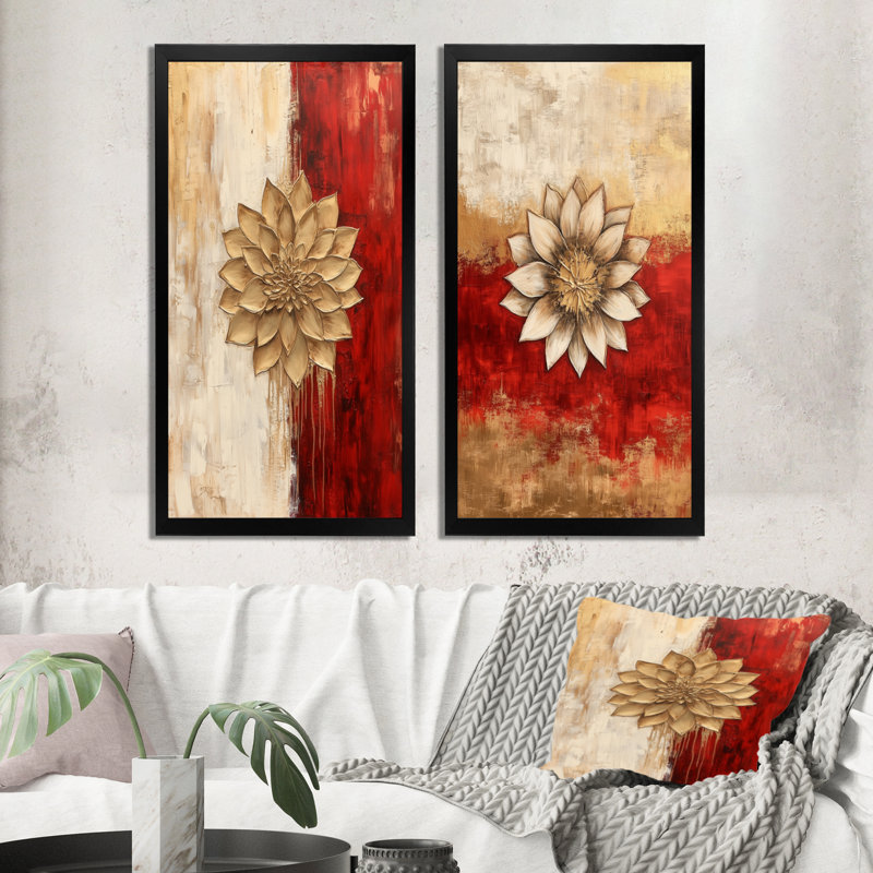 Mandala du Soleil Sacré I - Ensemble de 2 tableaux abstraits bohèmes encadrés, 32" H x 32" W, Black Picture Framed