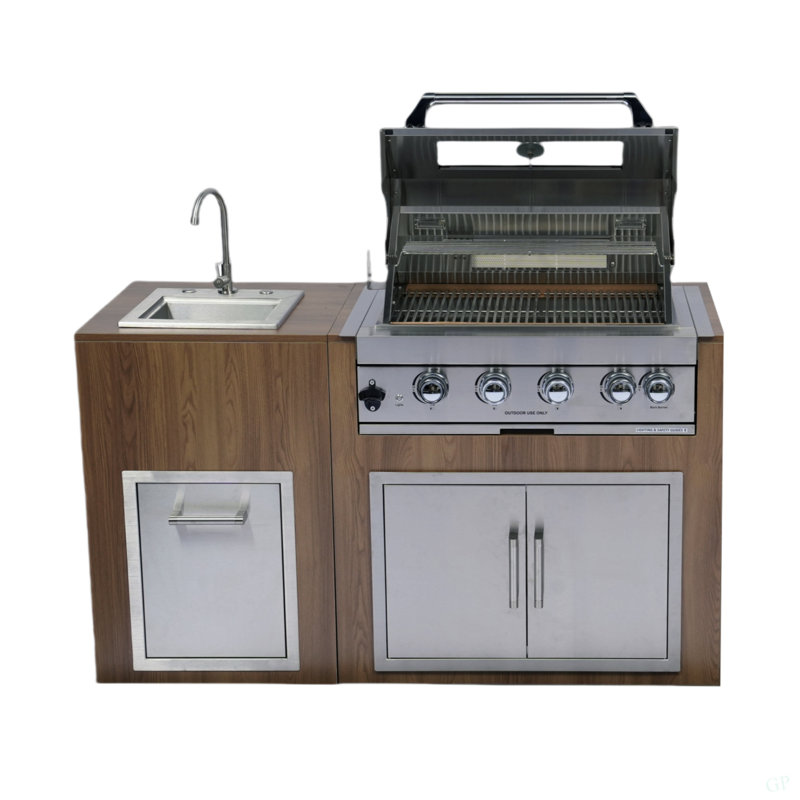 Built-In Outdoor Kitchen 32 Inch LPG Gas Grill 60000 BTU Stainless Steel Four Burners Grill With Infrared Rear Bunrer And Door And Drawer Combo And Drop In Stainless Steel 304# Sink