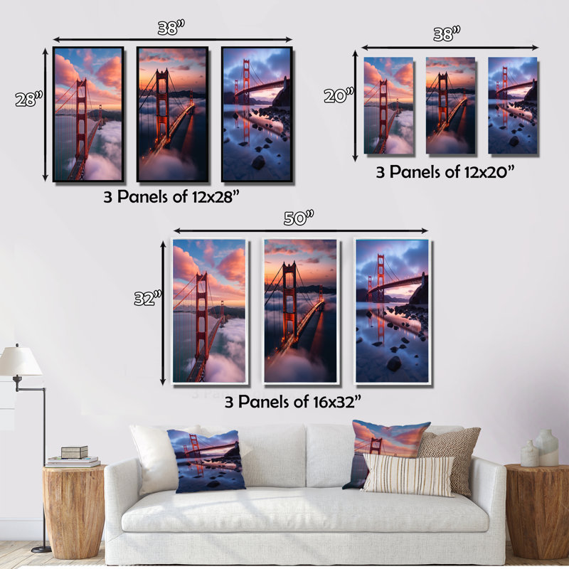 «San Francisco Golden Gate Dream», 3 pièces sur toile, Cadre flottant blanc, H 32 po x l 48 po