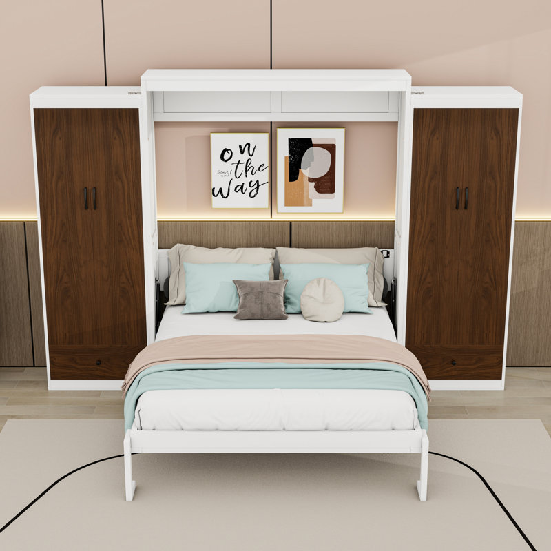 Wooden Murphy Bed Wall Bed with LED Lights, Storage Drawers and Wardrobes, Queen