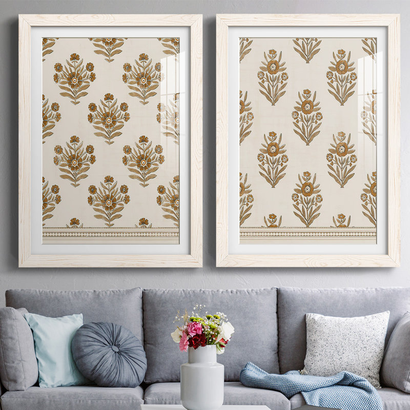 «Block Print Blooms I», reproduction de cadre photo sur toile 2 pièces, Blanc, H 27,5 po x l 75 po x P 1,5 po