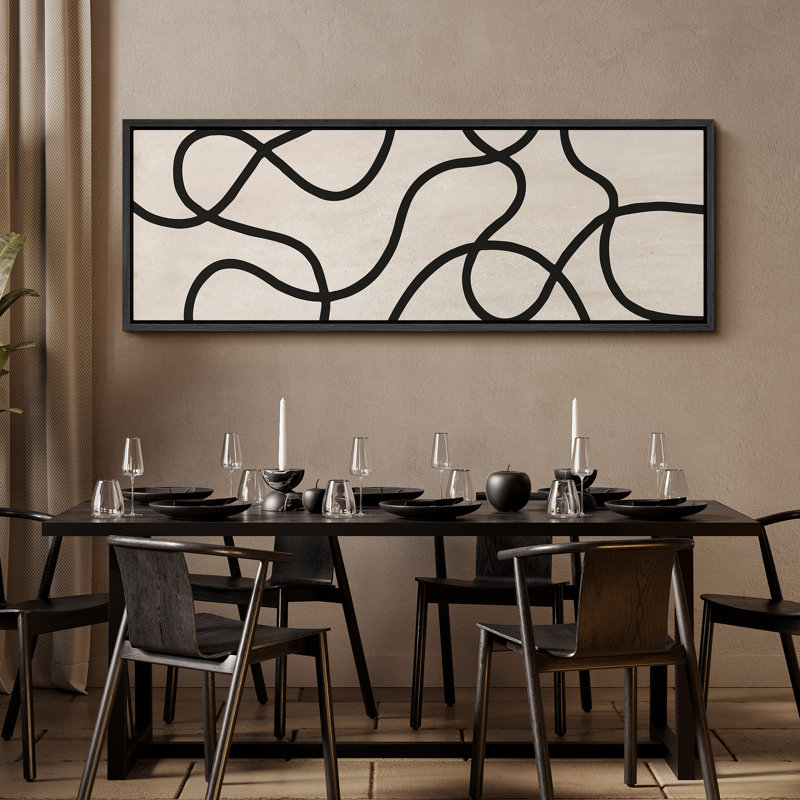 Lignes noires abstraites sur art moderne beige, H 20 po x l 60 po, Black