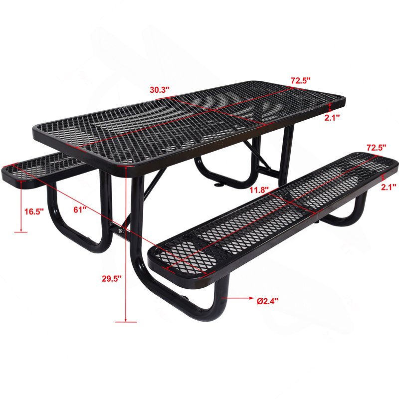 6 pi Table de pique-nique rectangulaire en acier pour l'extérieur, avec mât de parasol