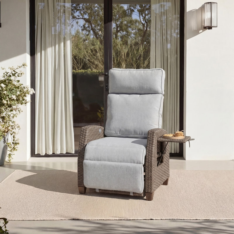 Garden Wicker Recliner Chair, Air Pump Adjustable Backrest Up to 150 Degree with Cushions, Mist Grey, Light Brown