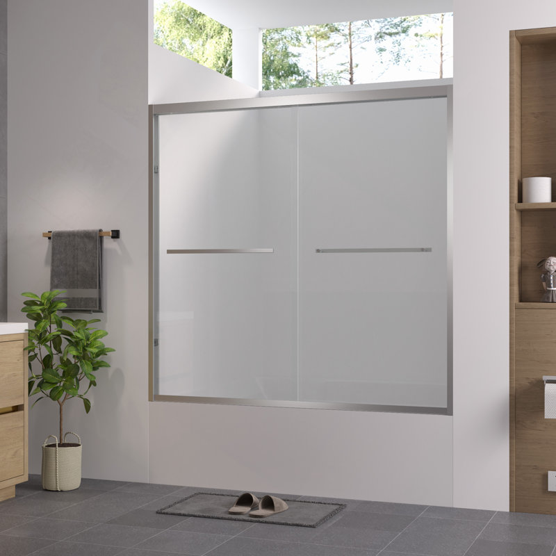 Aluminum Frame Double Sliding Bathtub Screen, Bathroom Sliding Door With Premium 1/4" (6Mm) Clear Tempered Glass Hardware Sliding Glass Shower Enclosure