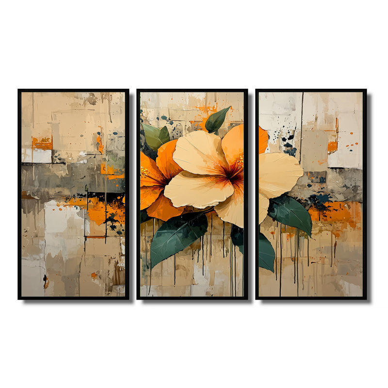 Désert, fleur d'hibiscus II - art mural hibiscus - 3 panneaux, H 28 po x l 36 po, Noir