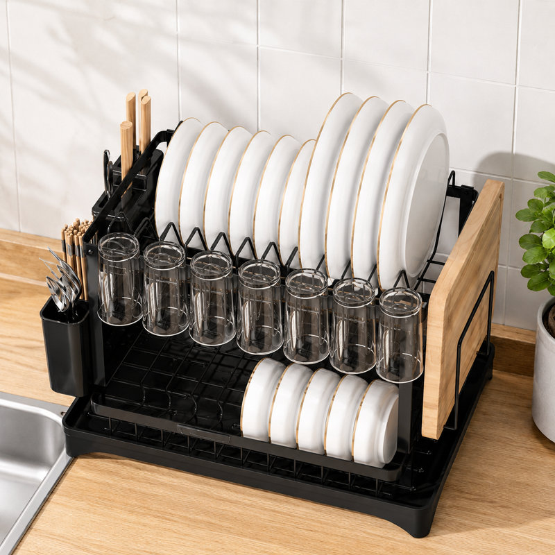 Two-Tier Stainless Rust-Resistant Adjustable Dish Rack, Black
