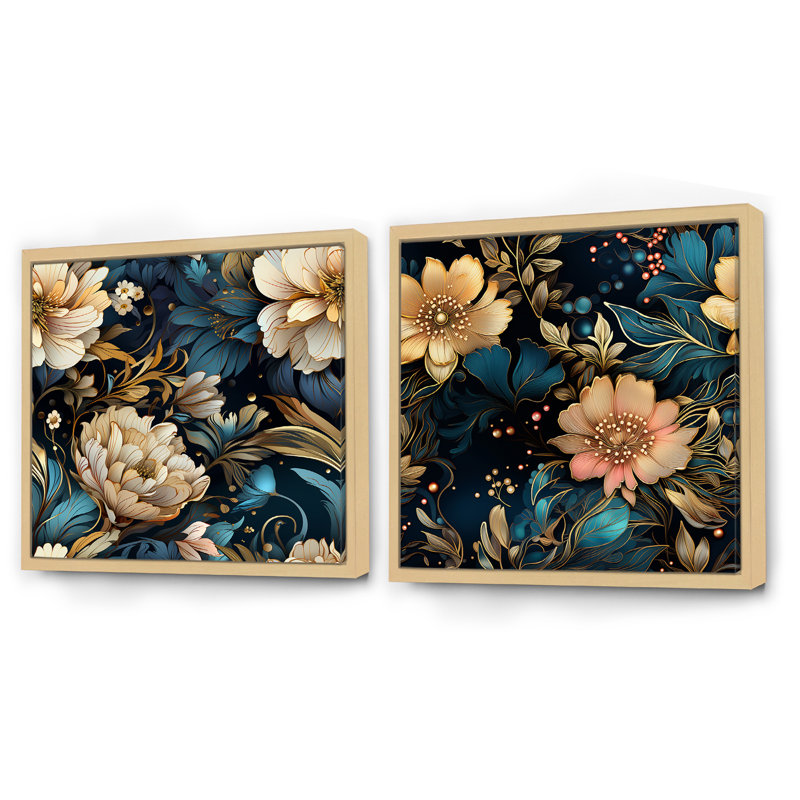 Celya - Ensemble de 2 collages carrés floraux, H 36 po x l 73 po, Cadre flottant brun