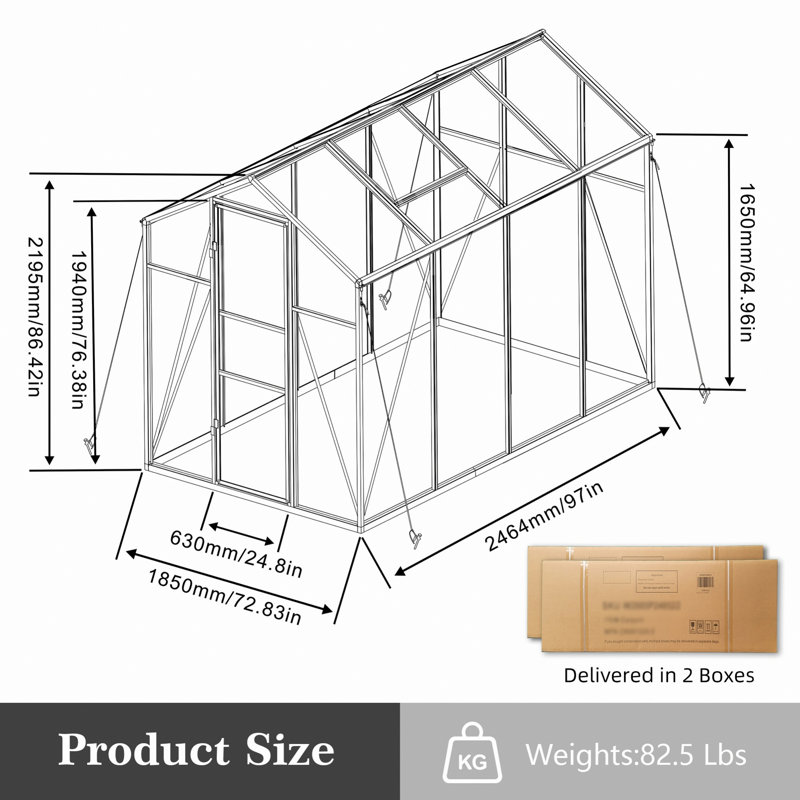 Polycarbonate Greenhouse, Walk-In Greenhouses For All Season, Green, 7.2' H x 8.1' W x 6.1' D