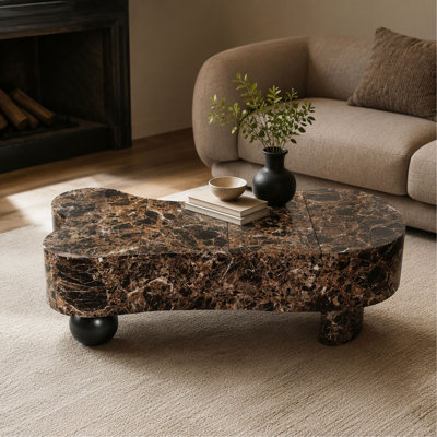 Coffee Table – Irregular – Faux Travertine – Walnut Wood Texture – Hidden Storage – Fluted