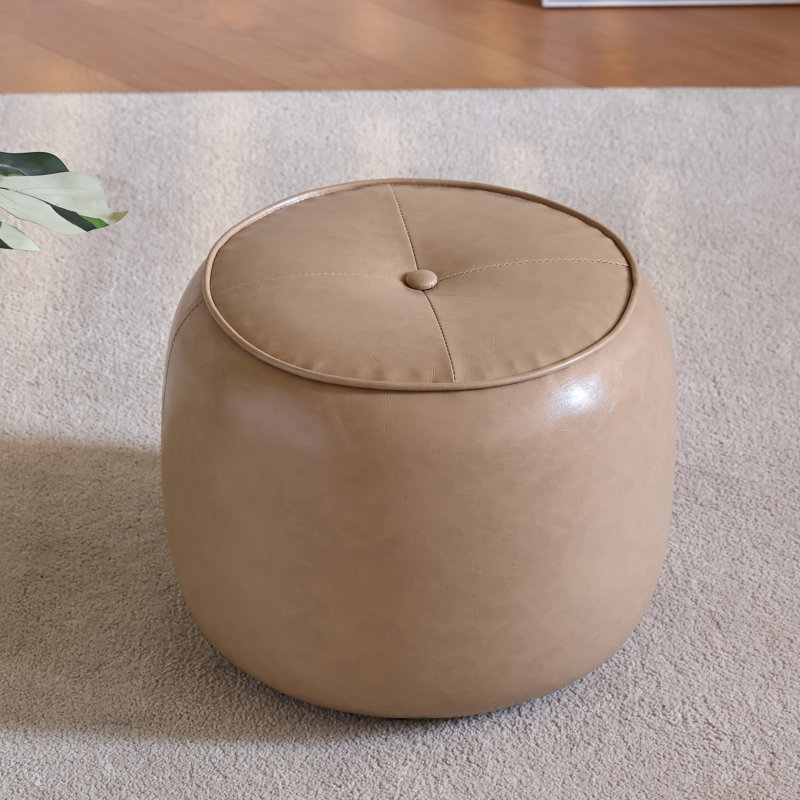 30cm Small Tufted Round Upholstered Ottoman, Khaki