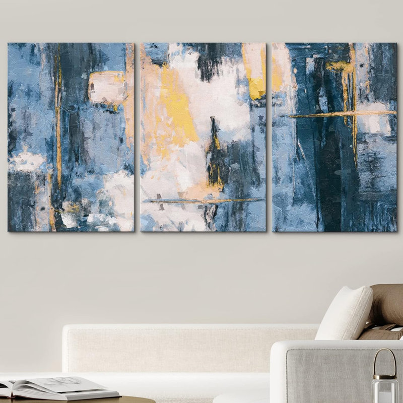 «Minimal Blue Yellow Paint Landscape», 3 pièces sur toile, Toile tendue, H 24 po x l 48 po