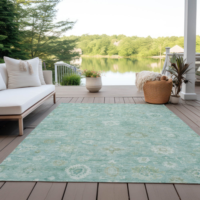 Tapis bleu sarcelle lavable à la machine intérieur / extérieur Xhevrie, Rectangle 10 pi x 14 pi