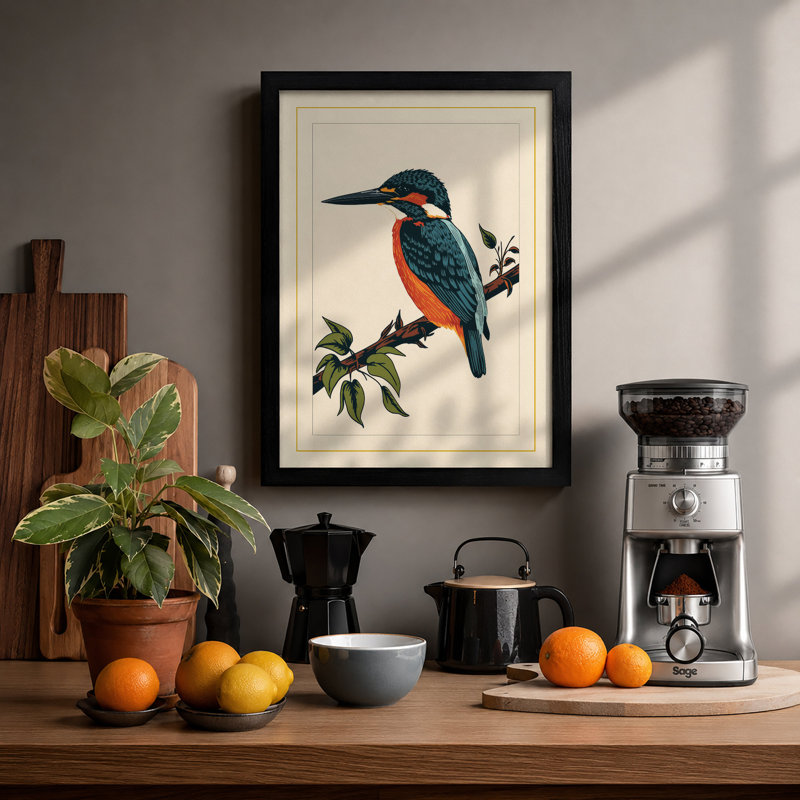 Kingfisher On Branch Botanical - Print, A2 - 59.4 x 42.0 cm, Black