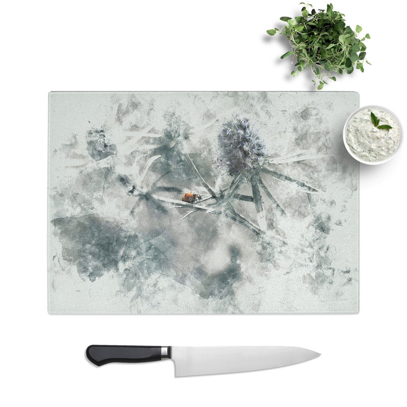 Tempered Glass Ladybird upon a Thistle Flower Chopping Board, 28.5 cm x 39 cm