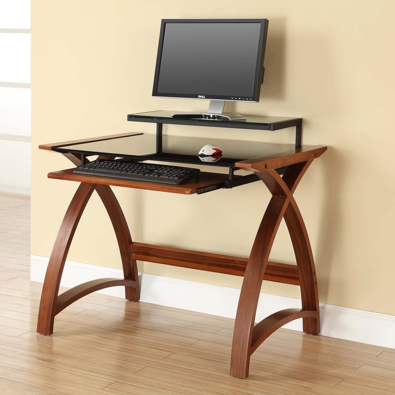 Sunterra Tempered Glass Computer Desk, 84cm H x 130cm W x 64cm D, Walnut Veneer/Black
