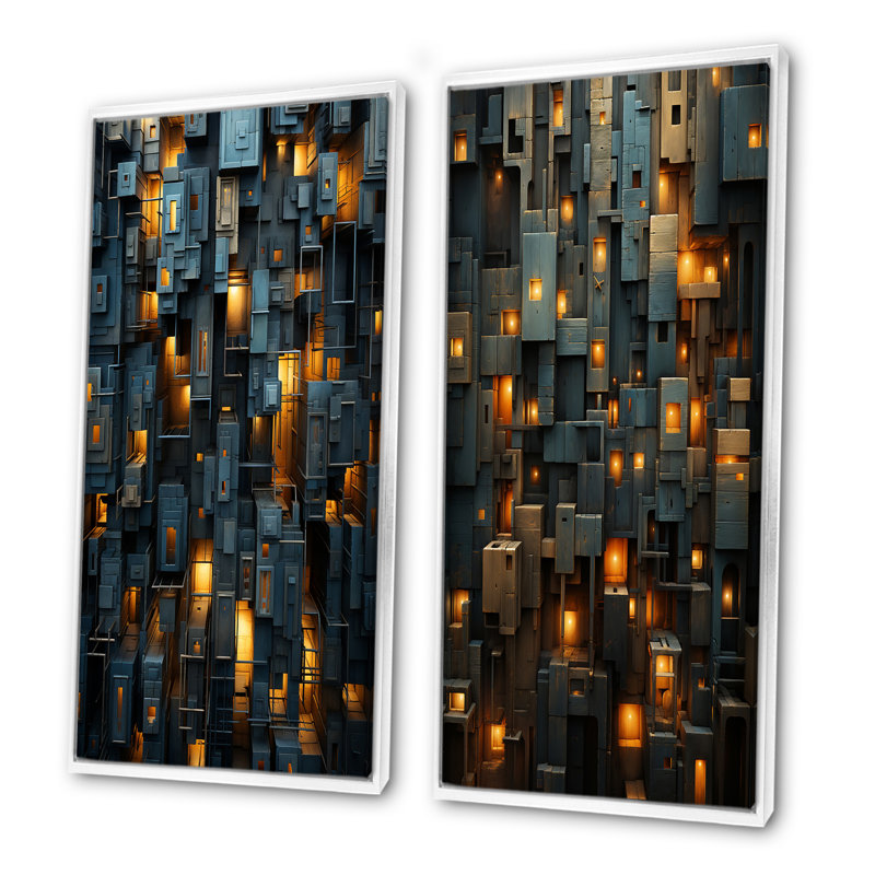«Copper Canyons Skycrapers Cityscape», ensemble de 2 reproductions d'art mural abstrait, Cadre blanc, H 28 po x l 25 po