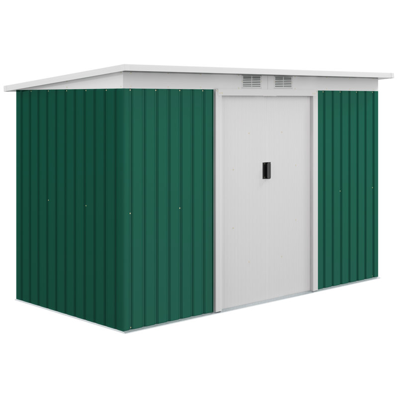 Deep Green 9 X 4ft Galvanised Metal Garden Storage Shed, Outdoor Tool House With Foundation Kit, Lockable Double Doors & Vents