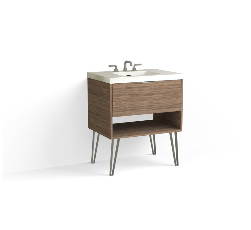 Modo 30" W Freestanding Single Bathroom Vanity with Dawson Leg, Matte White/8" Widespread, Nocino, Satin Nickel