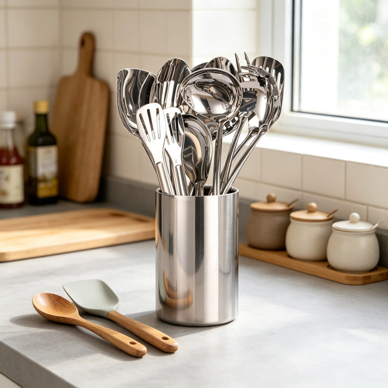 Porte-ustensiles à double paroi pour comptoir, chariot à ustensiles de cuisine en acier inoxydable 304 avec poli à miroir, grand organisateur de rangement pour cuillère à spatule, pot à ustensiles robuste et antirouille pour un usage quotidien