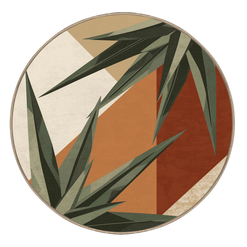Machine Washable Paesyn Aloe Vera Minimalist Geometric Rug in Brown – Beige Binding, 3' Round