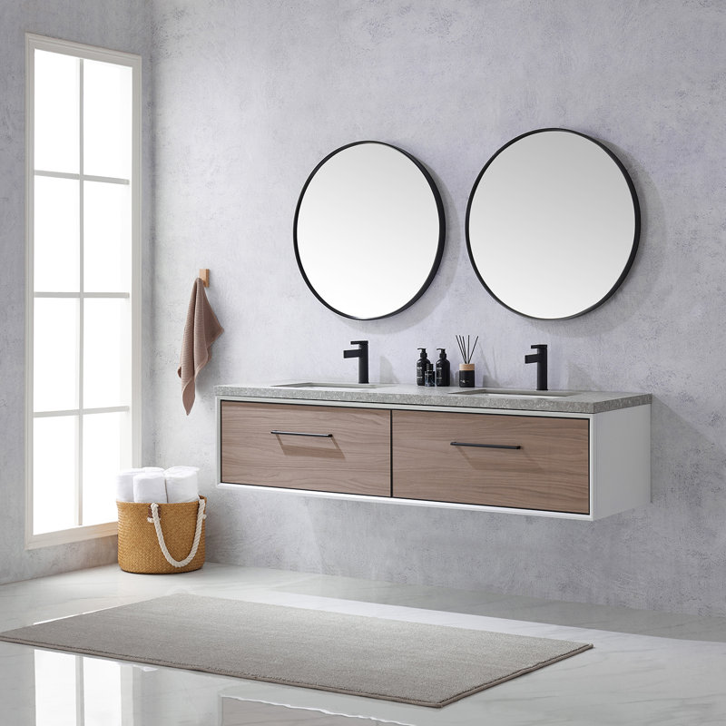 Ensemble de meuble-lavabo double 72 "avec miroir, Noyer clair, Noir mat