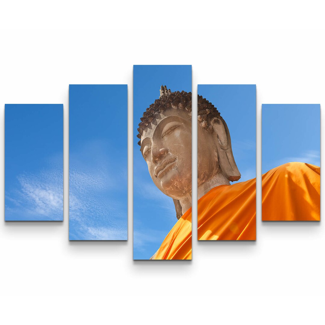 5-tlg. Leinwandbilder-Set Riesenstatue Buddha Gesicht