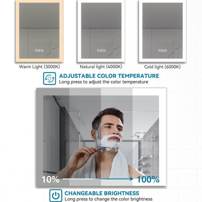 Miroir de salle de bain à DEL 48 po x 36 po, désembuage 5 minutes, 3 couleurs à intensité variable, pleine réflexion HD, miroir mural de 36 po, fonction, éclairage à intensité variable, réfléchissant, fixation