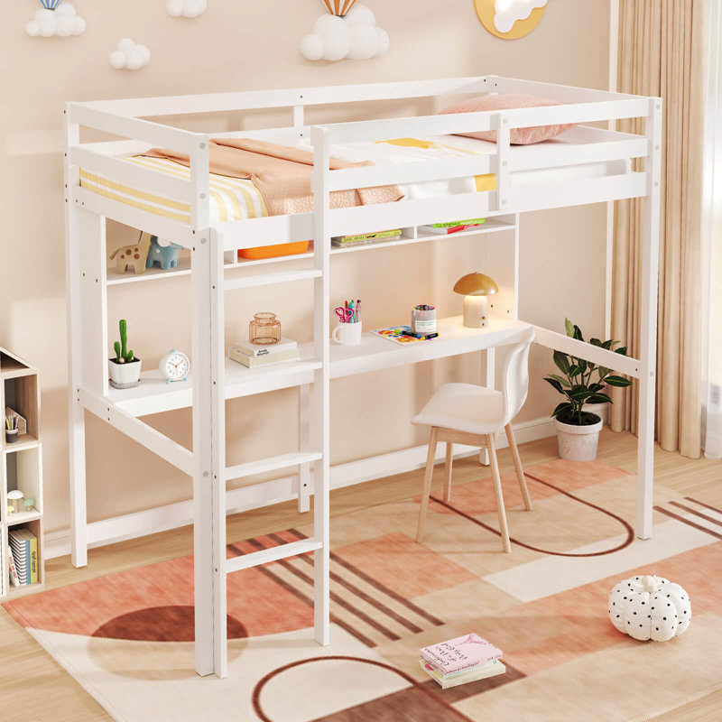 Lit mezzanine simple avec bureau et tablettes Barrières de sécurité et rangement pour échelle