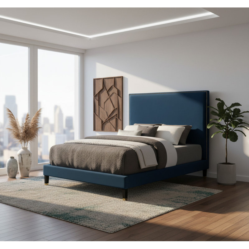 Harlie Velvet Bed, Queen, Navy Velvet