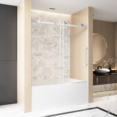 Porte de douche coulissante simple de 60 po de hauteur, verre trempé transparent de 6 po de largeur, 56 po de largeur, rail en acier inoxydable et poignée au fini nickel brossé, idéal pour la salle de bain, lisse et silencieuse