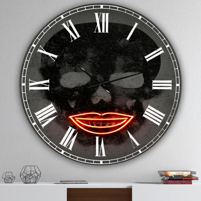 Smiling Red Lips Neon Skull - Large Modern Wall Clock