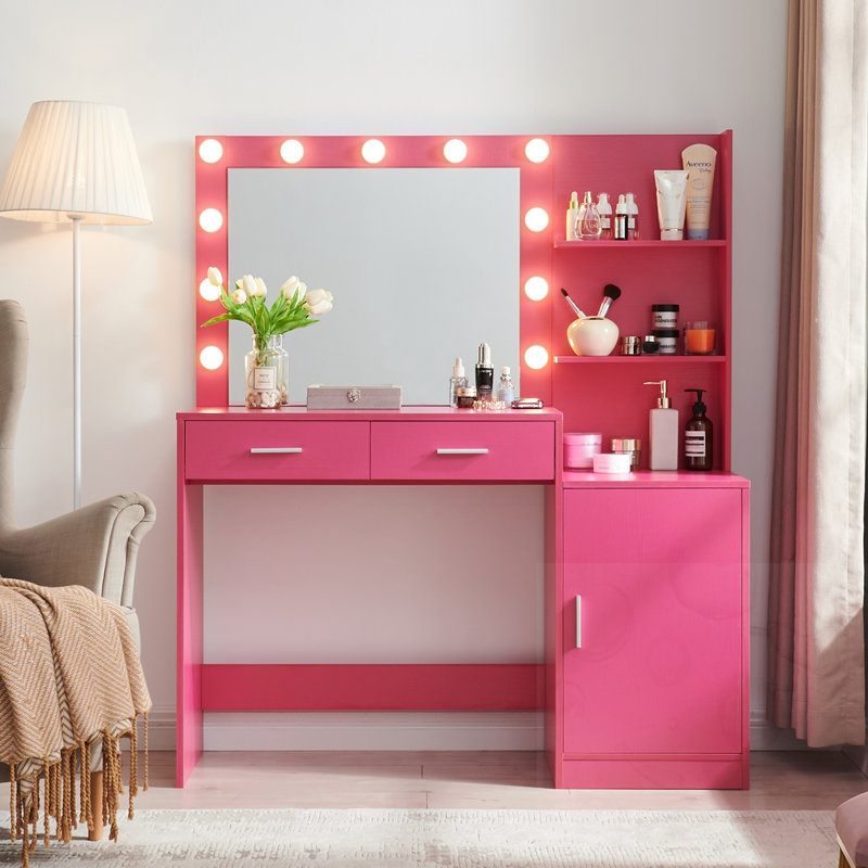 Bureau de coiffeuse avec miroir à DEL, 2 grands tiroirs et grand organisateur vertical, Rose Pink
