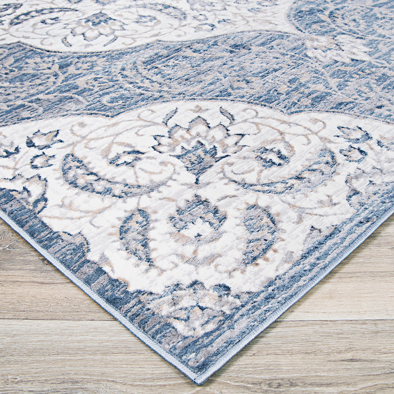 Tapis blanc/bleu zone oriental Karmane, Rectangle 9 pi 10 po x 13 pi 2 po