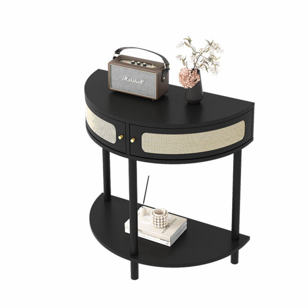 Latitude Run® Unique Half Moon Design Sofa Side Table with 2 Rattan