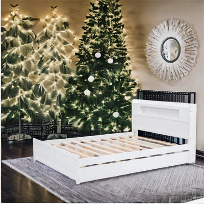 Grand lit plateforme avec rangement en bois avec DEL