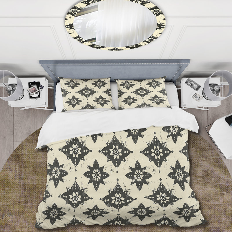 Ensemble de housse de couette Vintage Black Floral Mosaic Tiles III - Floral