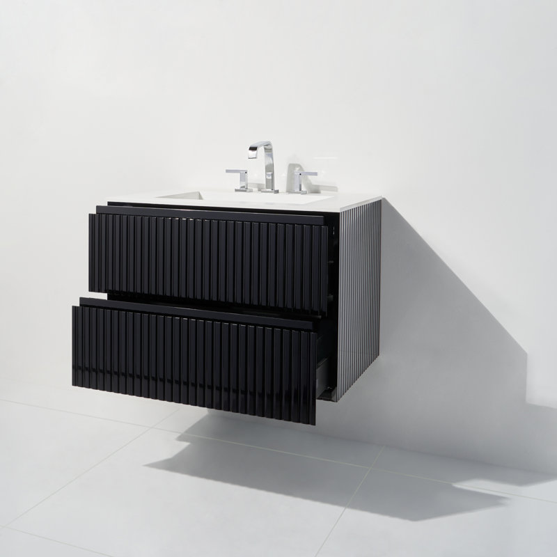 36.25 " W Free Standing Wall Mounted Single Double Single Vanity Bathroom Vanity With Solid Surface Top, Black