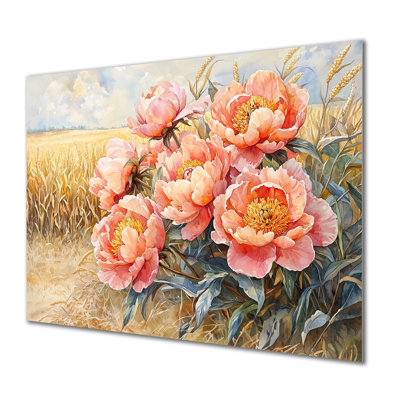 «Countryside Pe pivons le long du champ de maïs II», reproduction d'art traditionnelle en métal, pivoines en métal