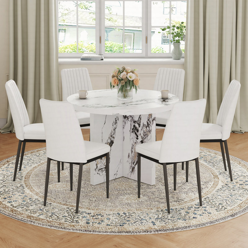 7 Piece Round Dining Table Set, 42 Inch Modern Round Table and 6 Upholstered Chairs, White/Black