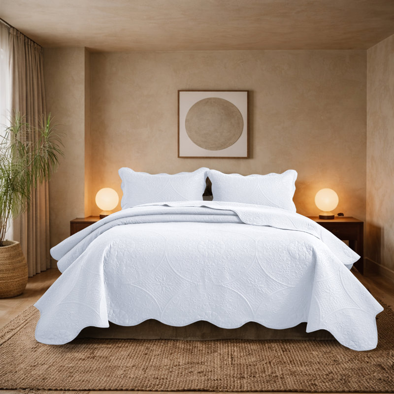 Floral Embossed Microfiber Quilted Bedspread Set, White, Queen Coverlet/Bedspread + 2 Standard Pillowcases