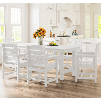 7-Piece Patio Dining Table Sets, Outdoor HDPE Dining Furniture Set With Umbrella Hole Cut-Out Table And 6 Chairs, White