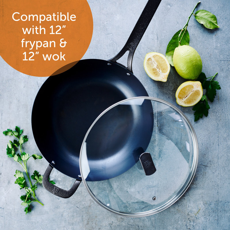 12'' Round Black Steel and Clear Glass Lid with Cast Iron Handle