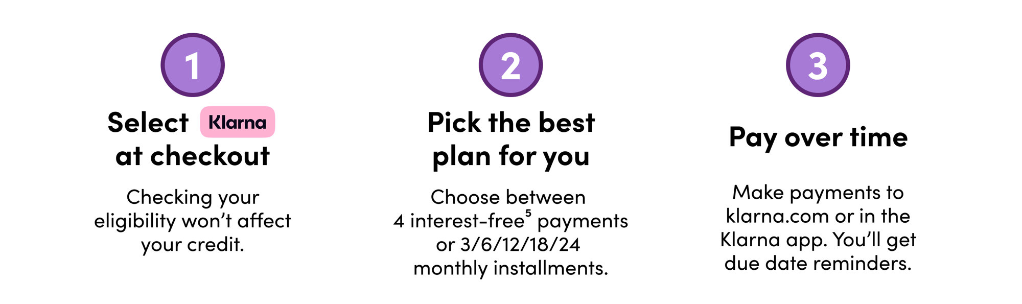 1. Select Klarna at checkout. Checking your eligibility won't affect your credit. 2. pick the plan best for you. Choose between 4 interest-free payments or 3/6/12/18/24 monthly installments. 3. pay over time. Make payments to klarna.com or in the Klarna app. You'll get due date reminders.