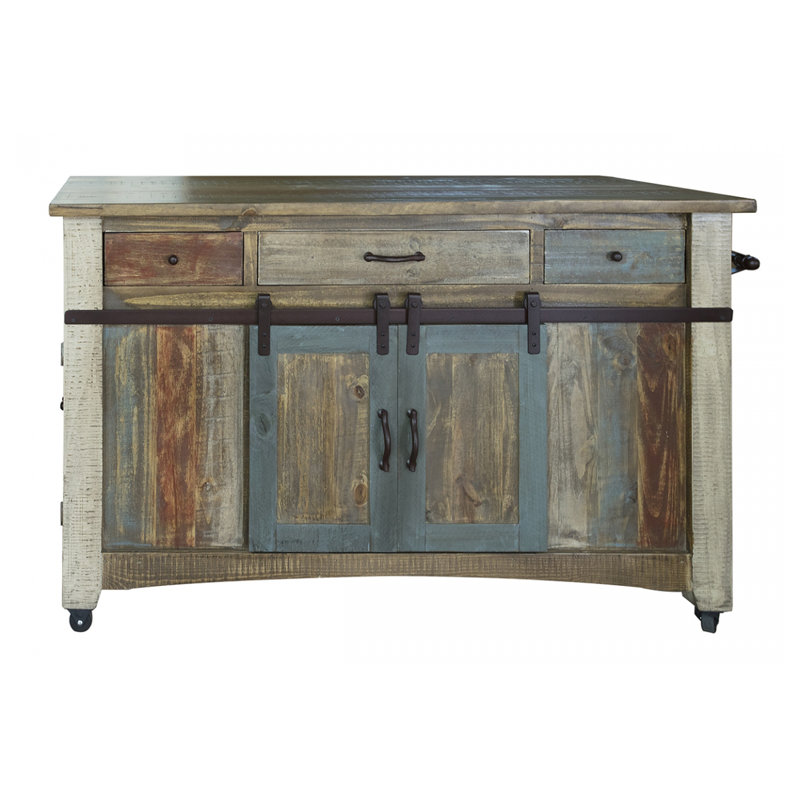 International Furniture Direct Antique Multicolor Kitchen Island With 3 Drawer, 2 Sliding Doors, 2 Mesh Doors On Each Side & Casters
